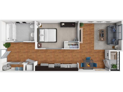 A top-down view of a living room with a couch, a coffee table, and a bookshelf.